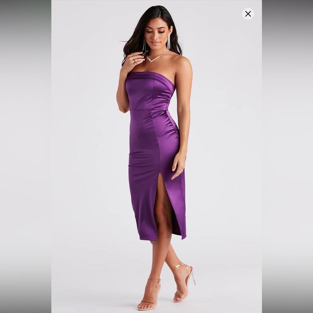 NWT Windsor Jenny Strapless Satin Midi Dress Purple Size Small High Slit Bodycon
